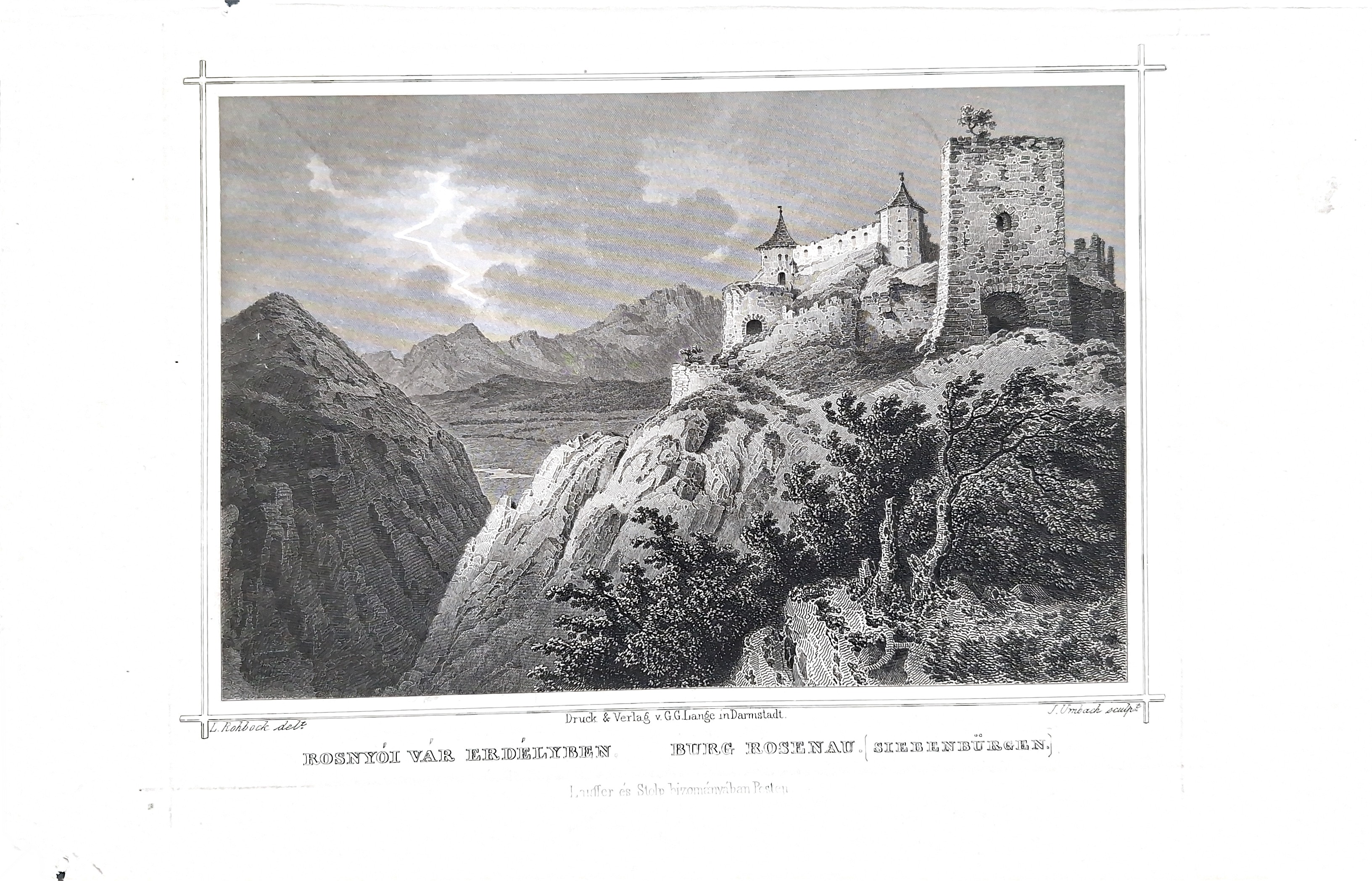 1864 Rohbock steel engraving of the Rasnov, Rosenau Fortress © transylvaniadigitalantiques.com